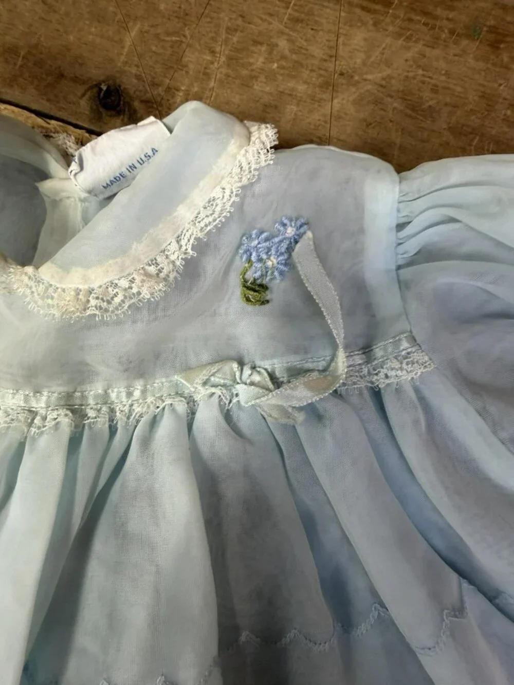 Vintage 1950s Nannette Shirley Temple Blue Baby Dress Lace Chiffon Sheer FIT 12M